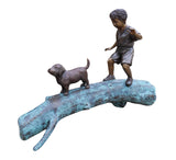 Bronze Boy with Dog on Trunk Sculpture